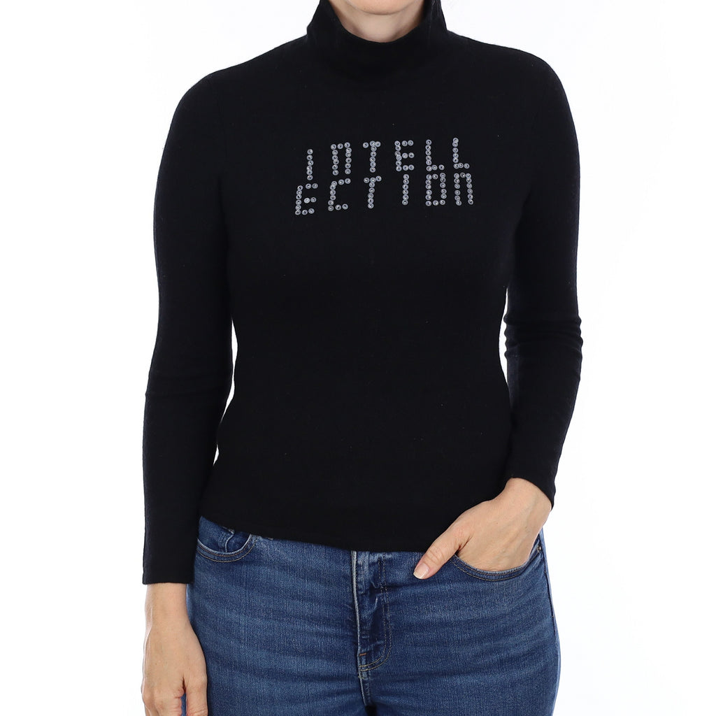 Black Slogan Cashmere Funnel Neck Jumper Small
