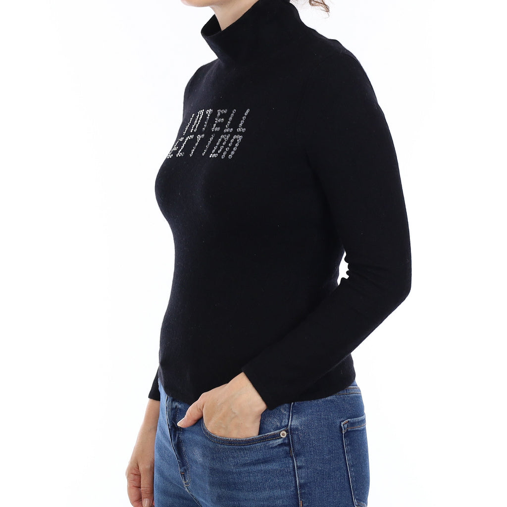 Black Slogan Cashmere Funnel Neck Jumper Small