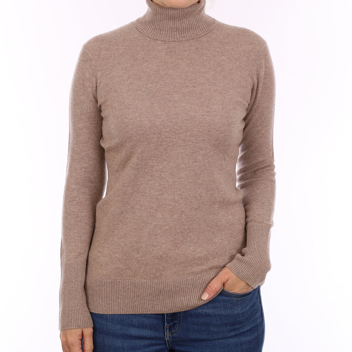 Fawn Brown Cashmere Polo Neck Jumper Small