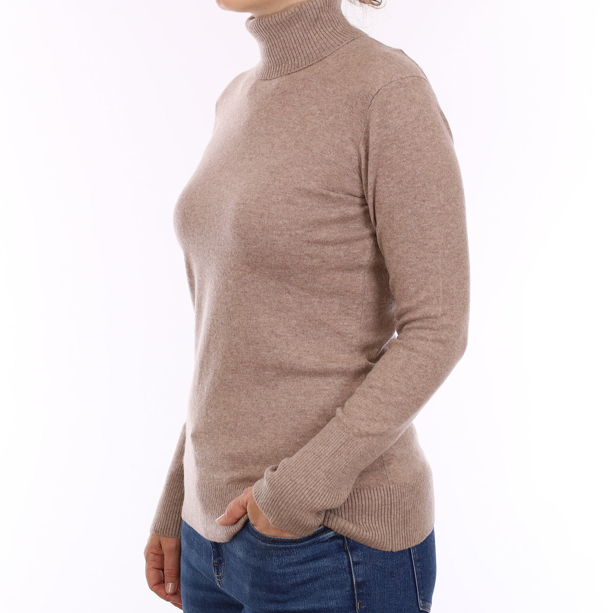 Fawn Brown Cashmere Polo Neck Jumper Small