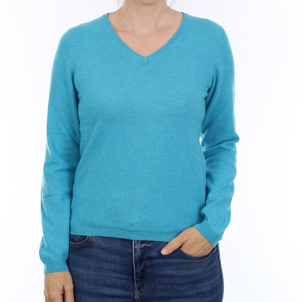 Aqua Marine Blue Cashmere V Neck Jumper Small