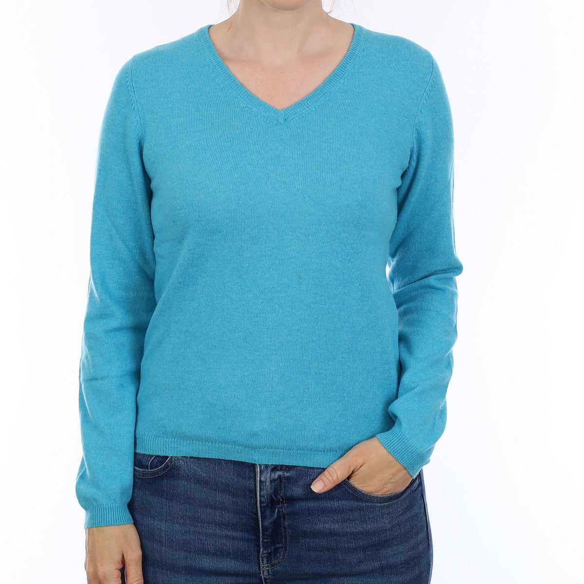 Aqua Marine Blue Cashmere V Neck Jumper Small