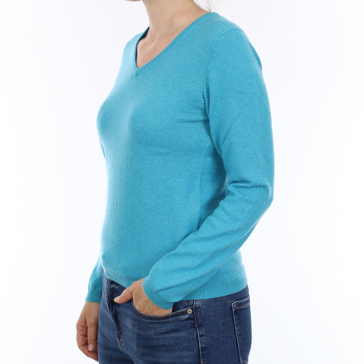 Aqua Marine Blue Cashmere V Neck Jumper Small