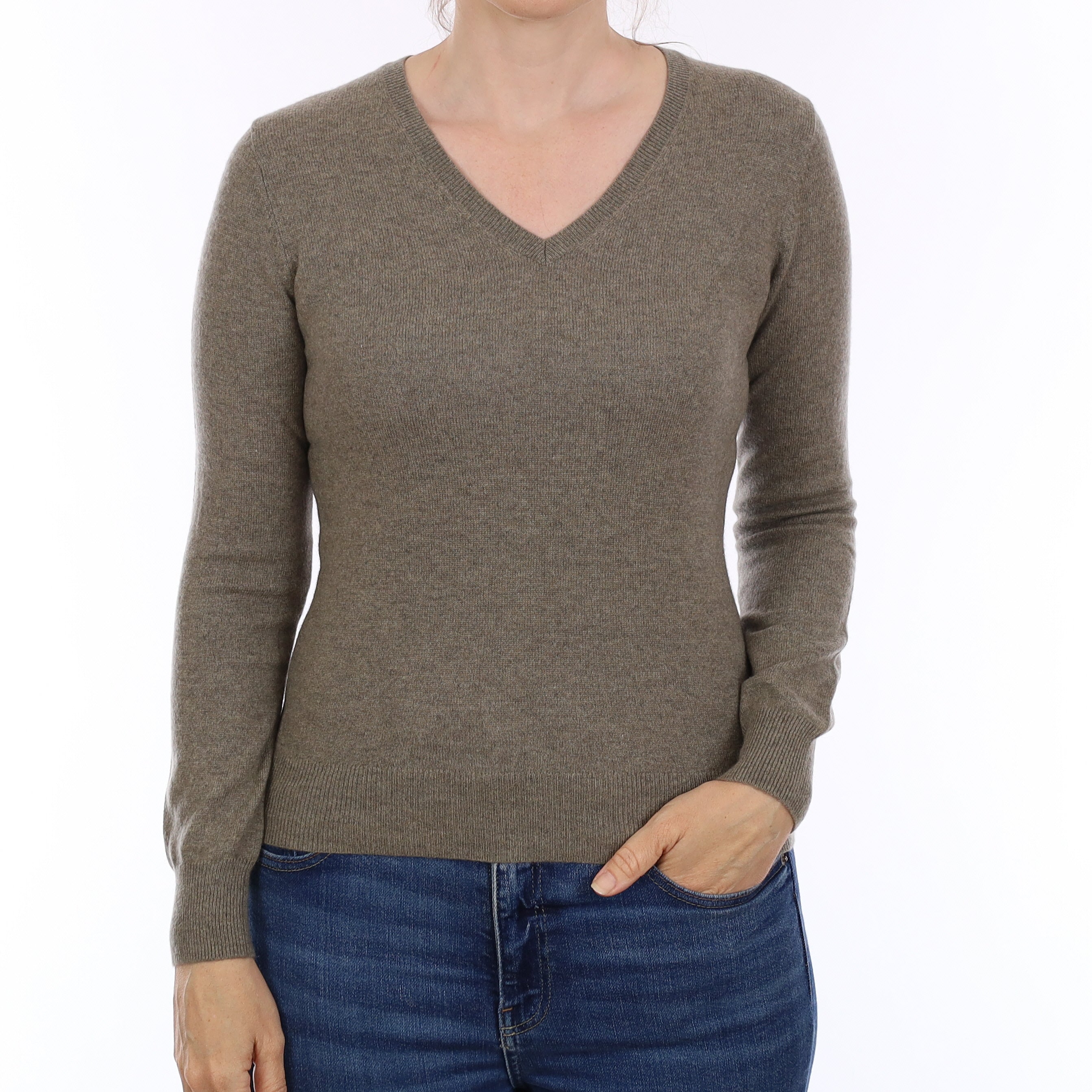 Khaki Green Cashmere V Neck Jumper Small