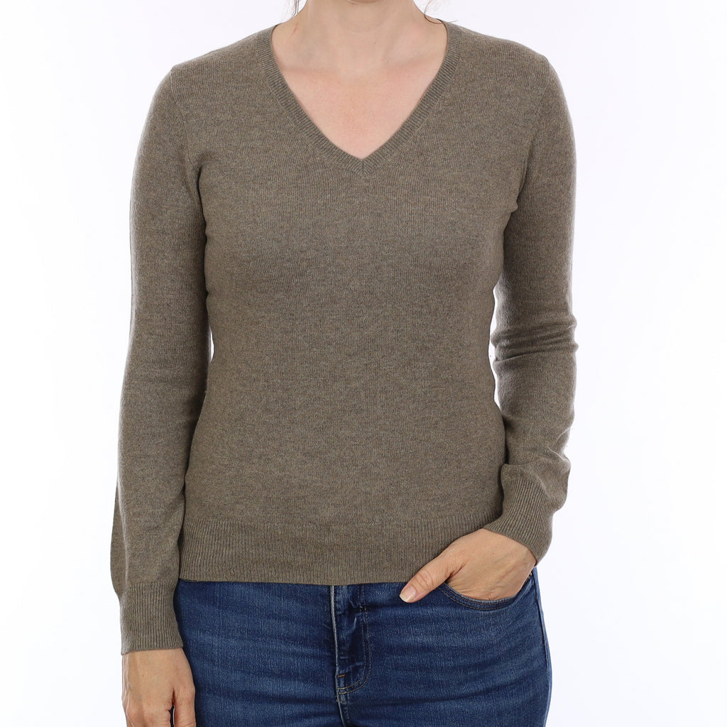 Khaki Green Cashmere V Neck Jumper Small