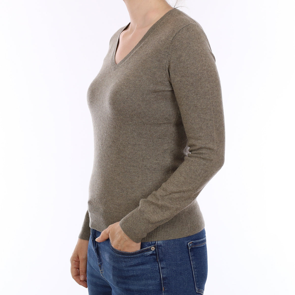 Khaki Green Cashmere V Neck Jumper Small