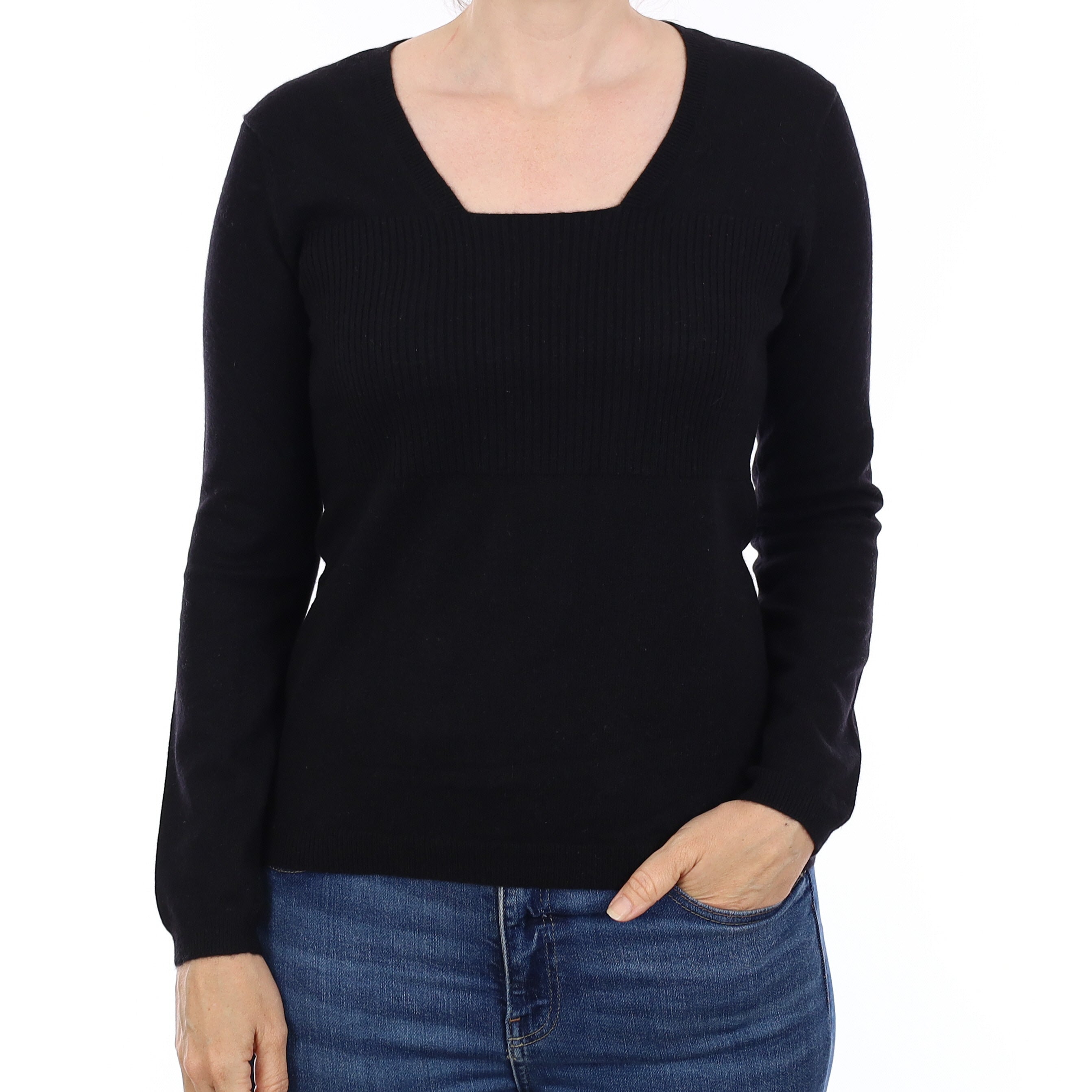 Black Rib Detail Cashmere Square Neck Jumper Small