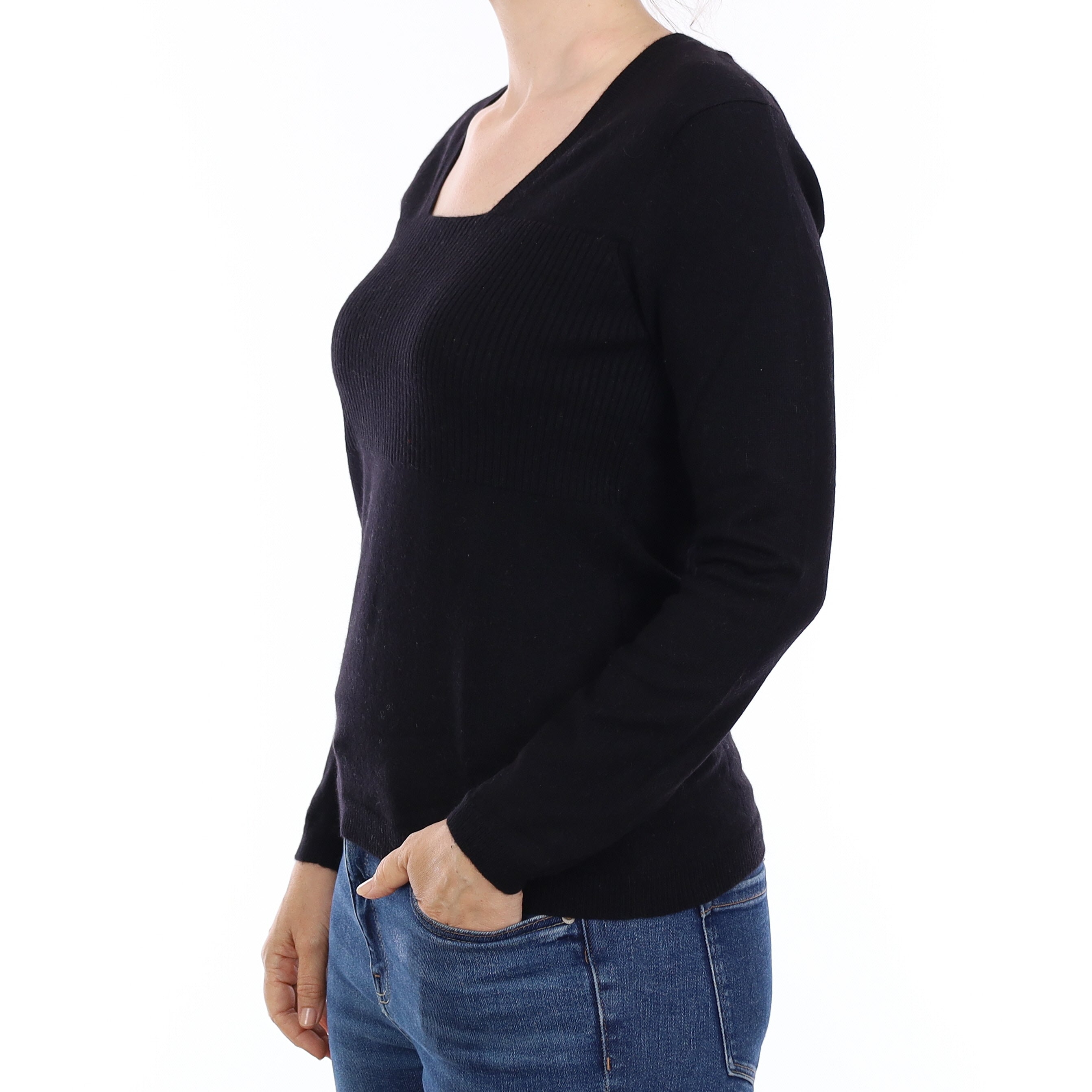 Black Rib Detail Cashmere Square Neck Jumper Small