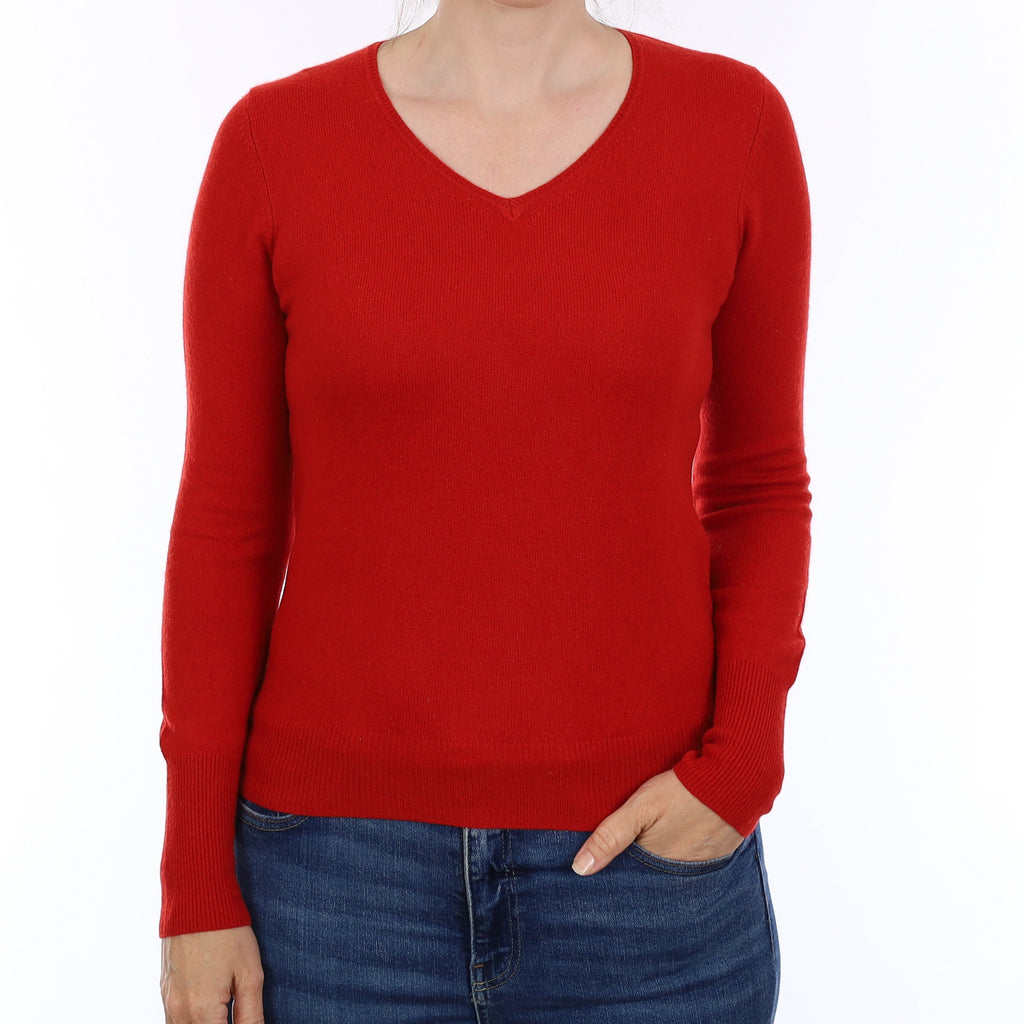 Tomato Red Cashmere V Neck Jumper Small