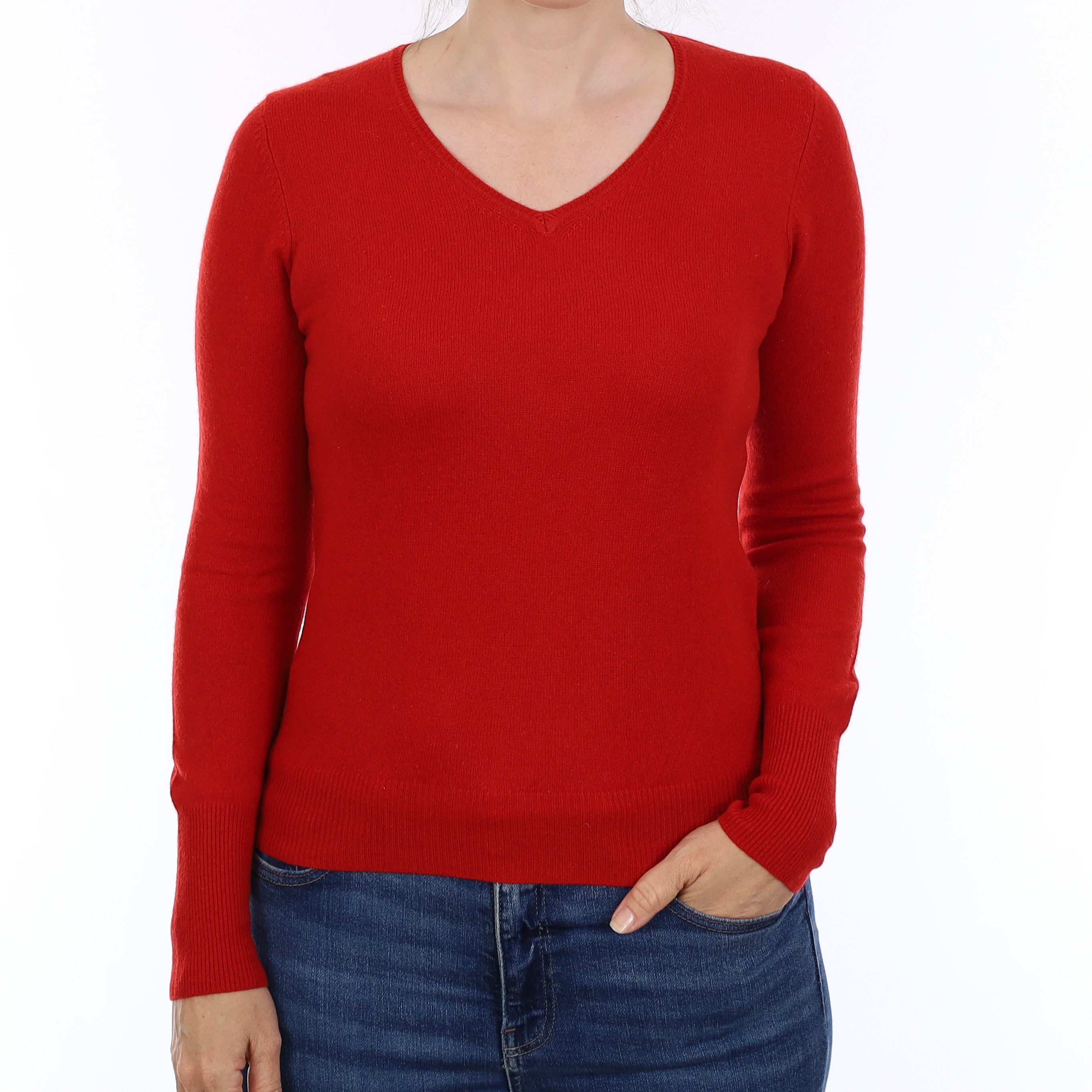 Tomato Red Cashmere V Neck Jumper Small