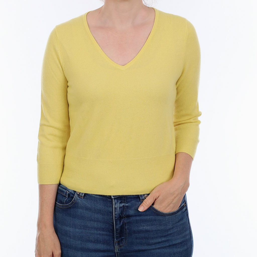 Primrose Yellow Cashmere 3/4 Sleeve V Neck Jumper Small