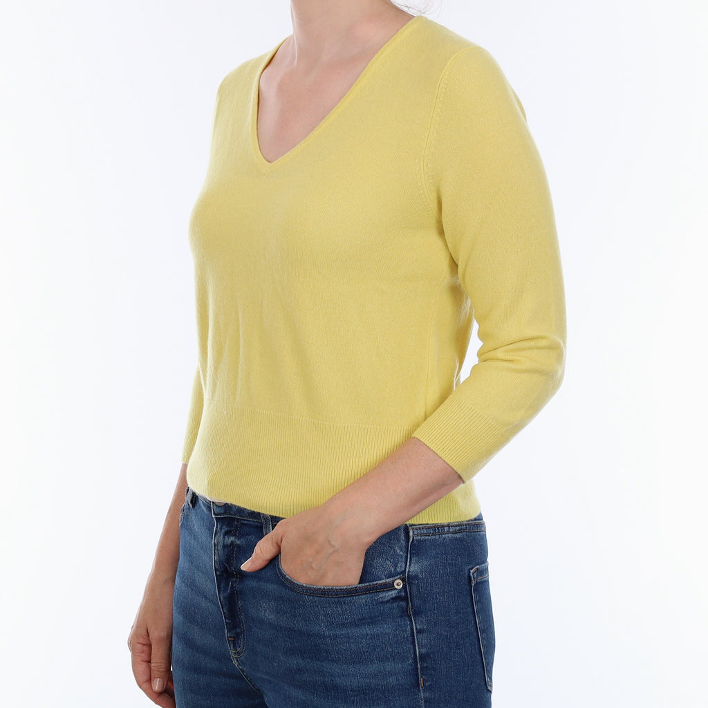 Primrose Yellow Cashmere 3/4 Sleeve V Neck Jumper Small