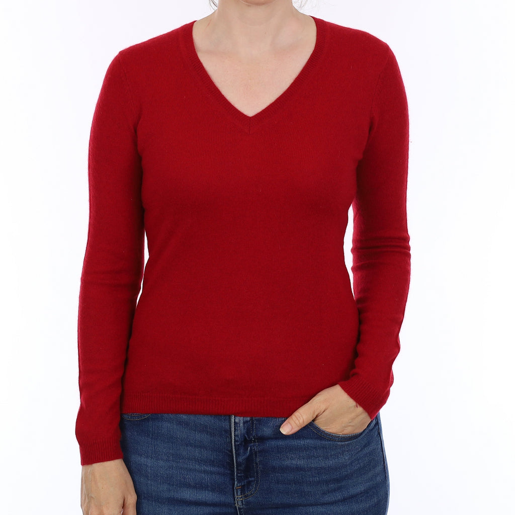 Crimson Red Cashmere V Neck Jumper Small