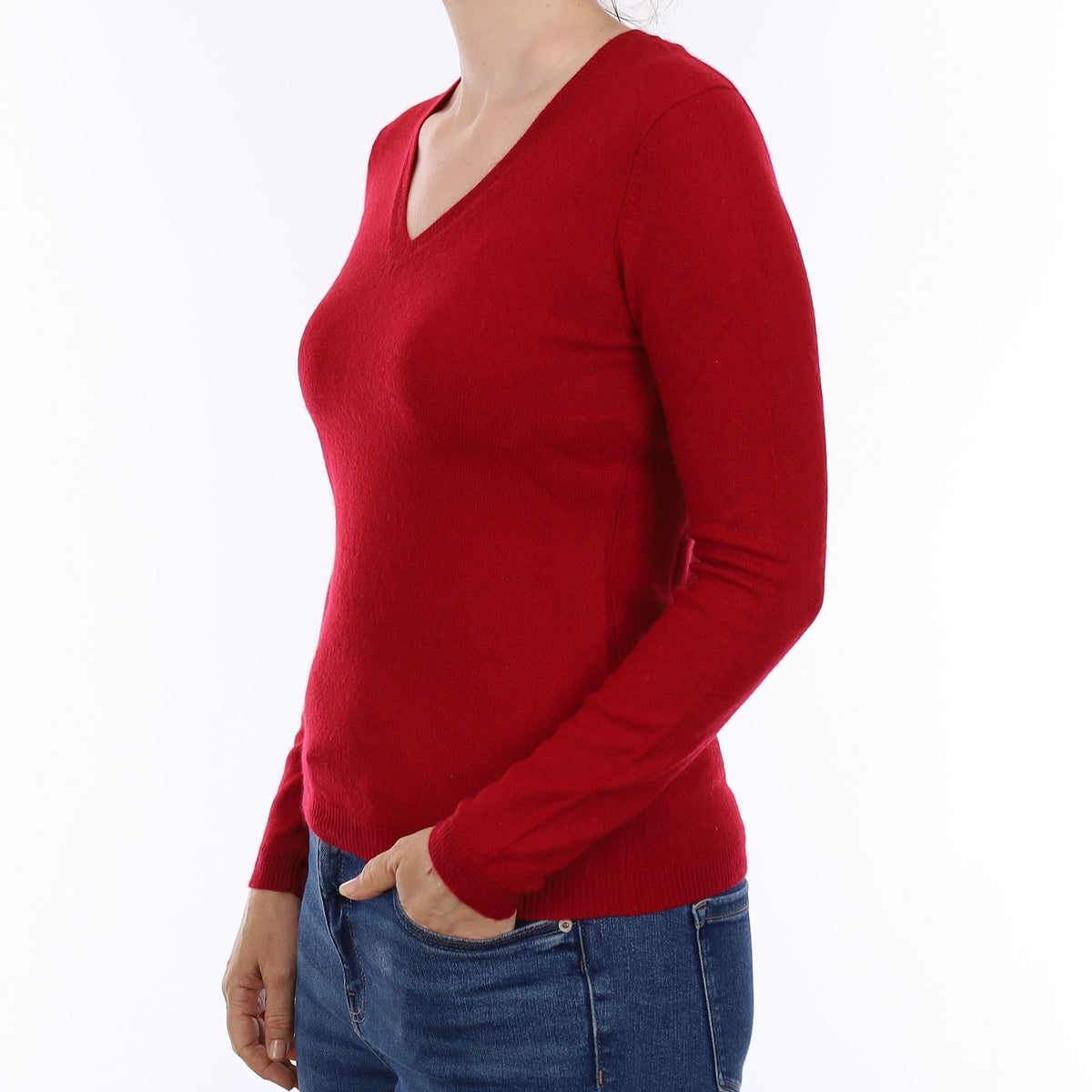 Crimson Red Cashmere V Neck Jumper Small