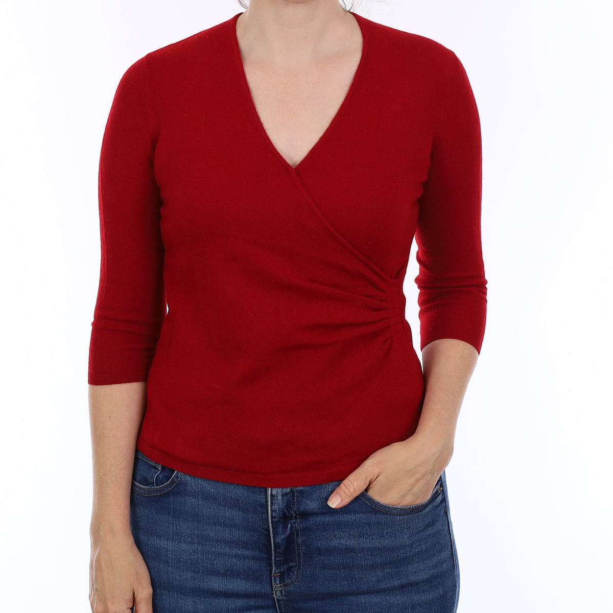 Crimson Red Cashmere Cross Over V Neck Jumper Small