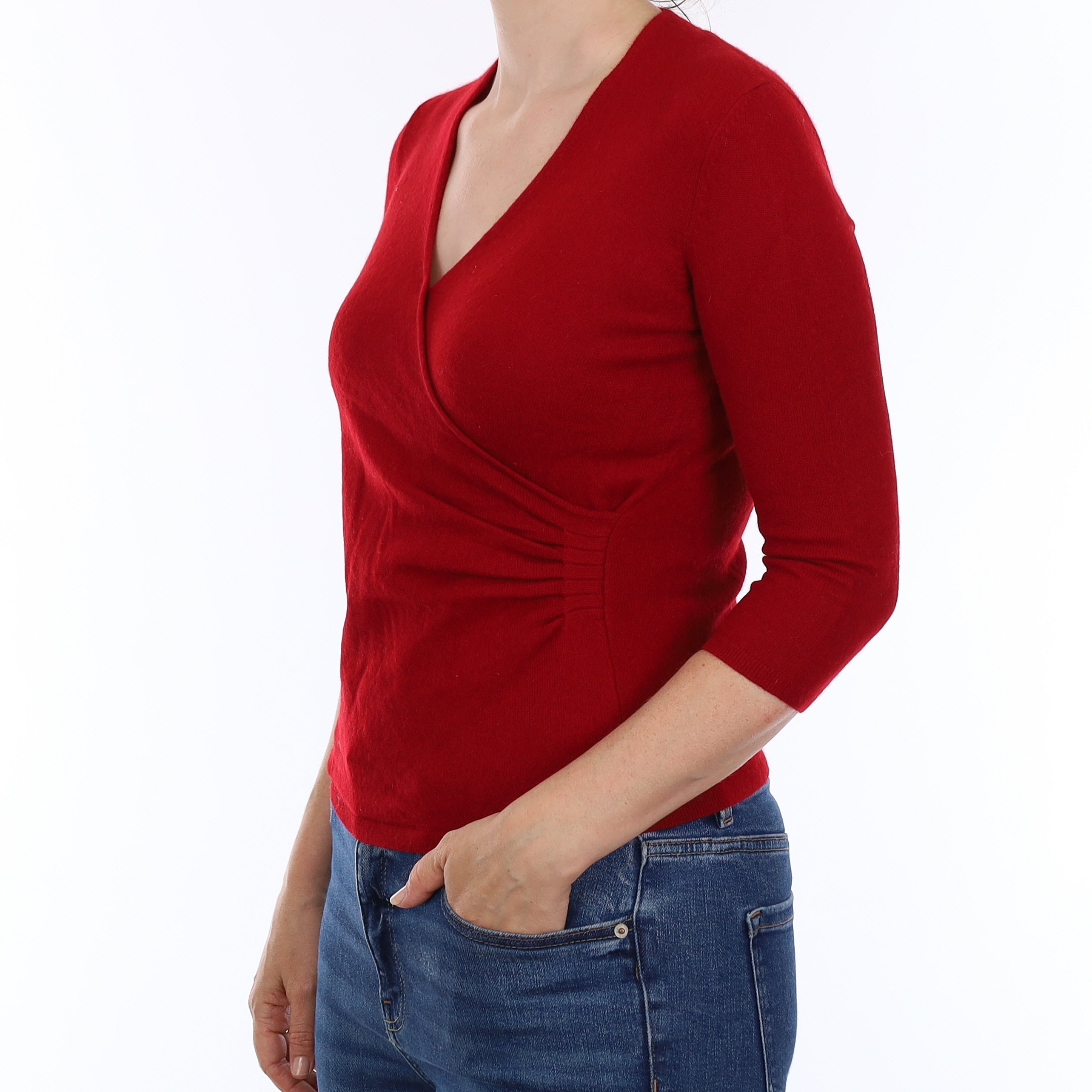 Crimson Red Cashmere Cross Over V Neck Jumper Small
