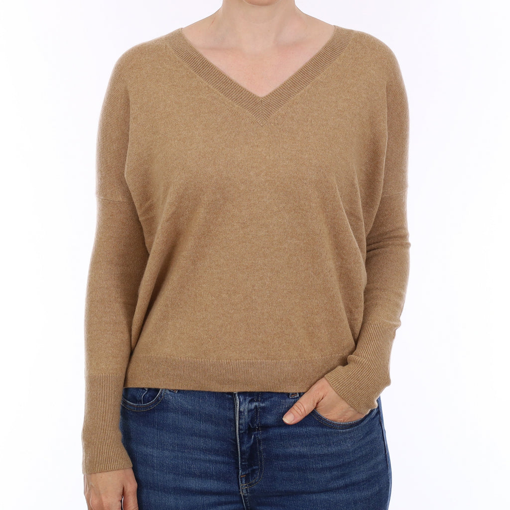 Camel Brown Cashmere Boxy V Neck Jumper Small