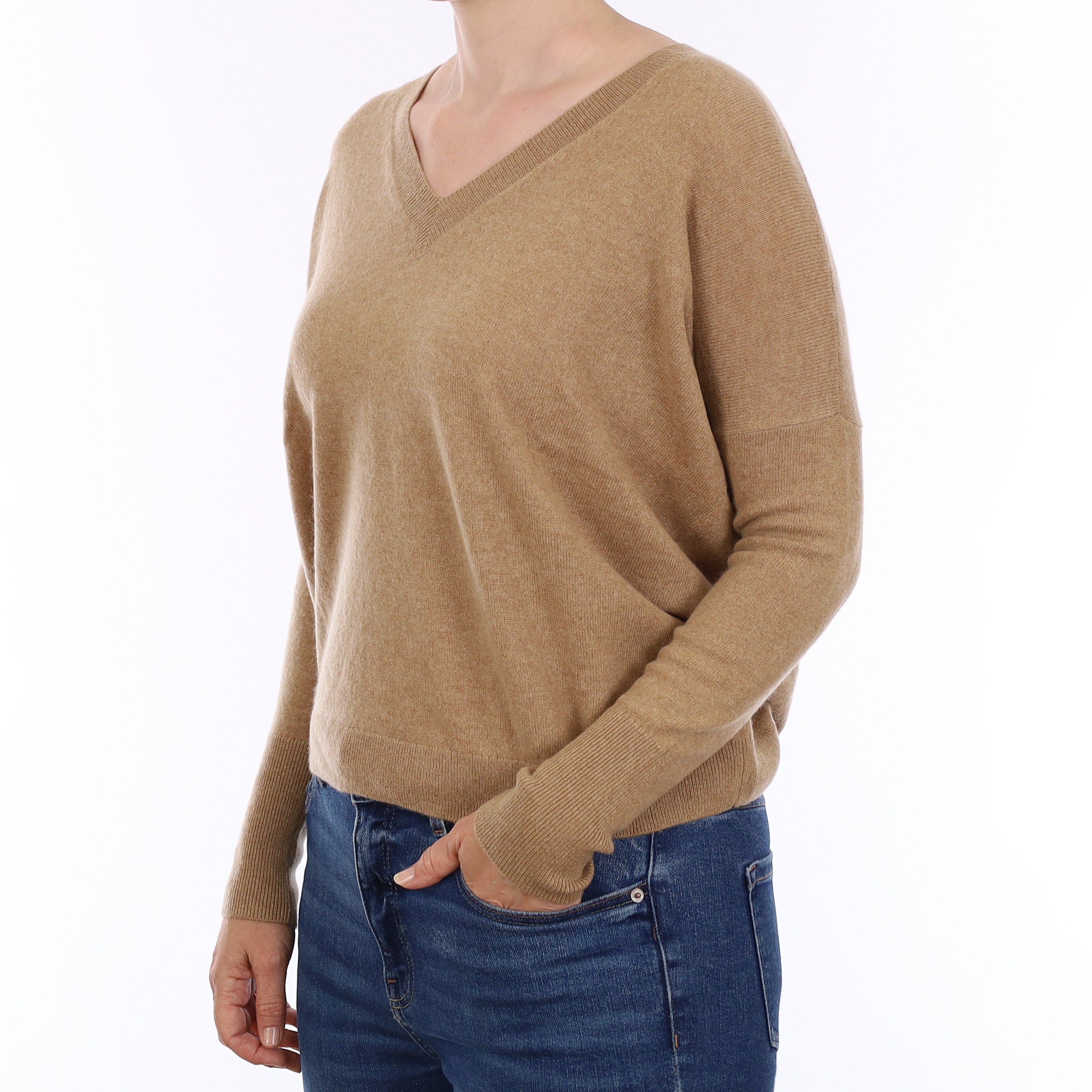 Camel Brown Cashmere Boxy V Neck Jumper Small