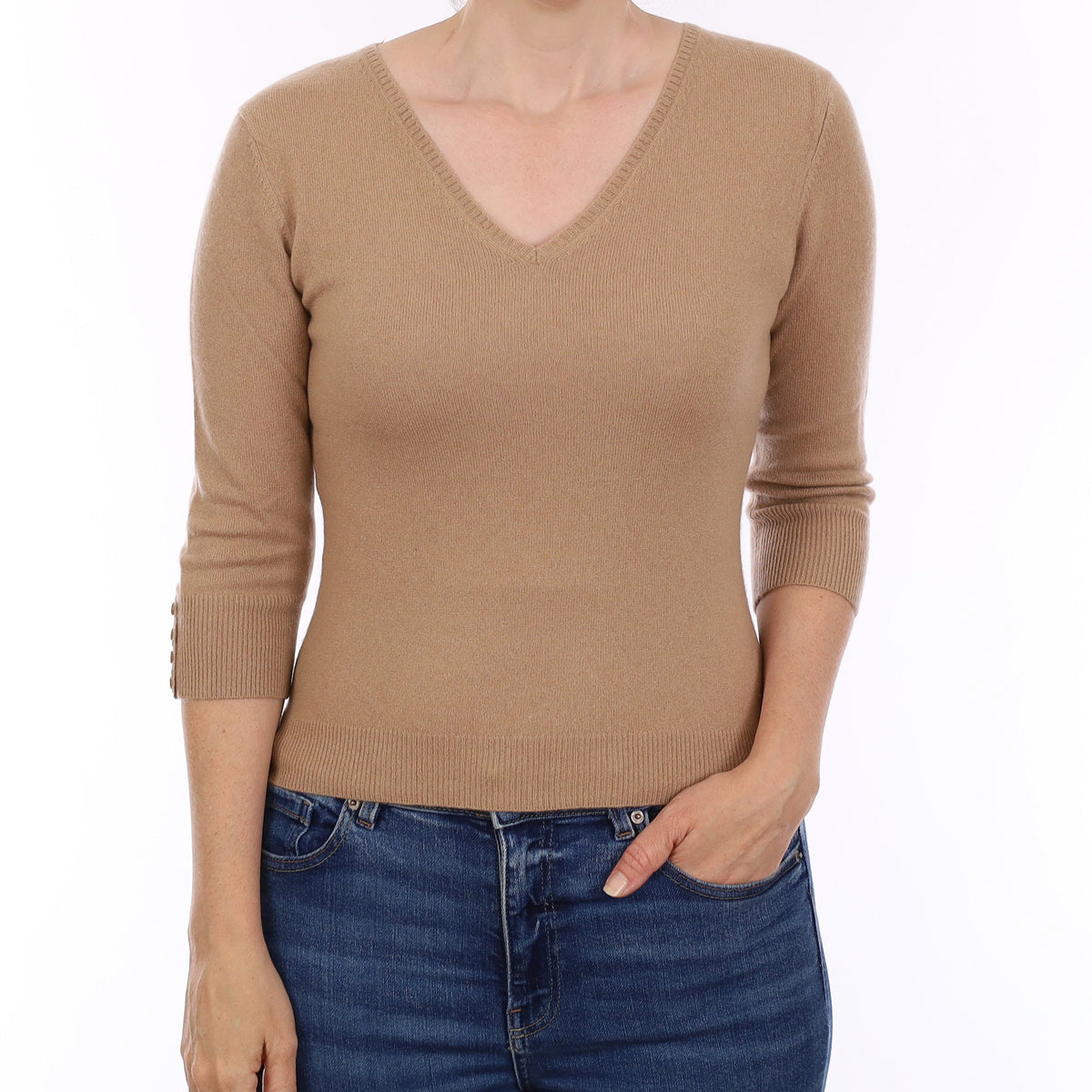 Caramel Brown Cashmere 3/4 Sleeve  V Neck Jumper Small