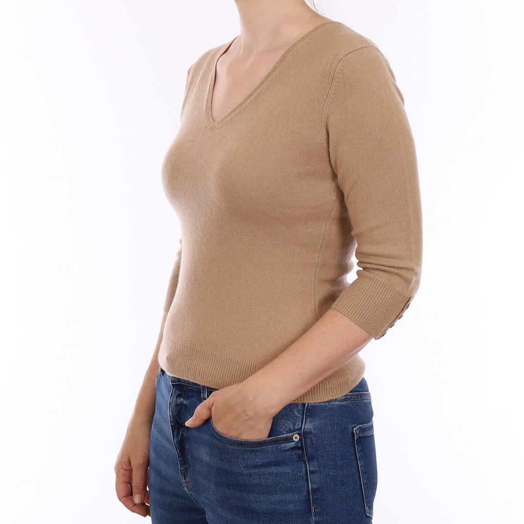 Caramel Brown Cashmere 3/4 Sleeve  V Neck Jumper Small