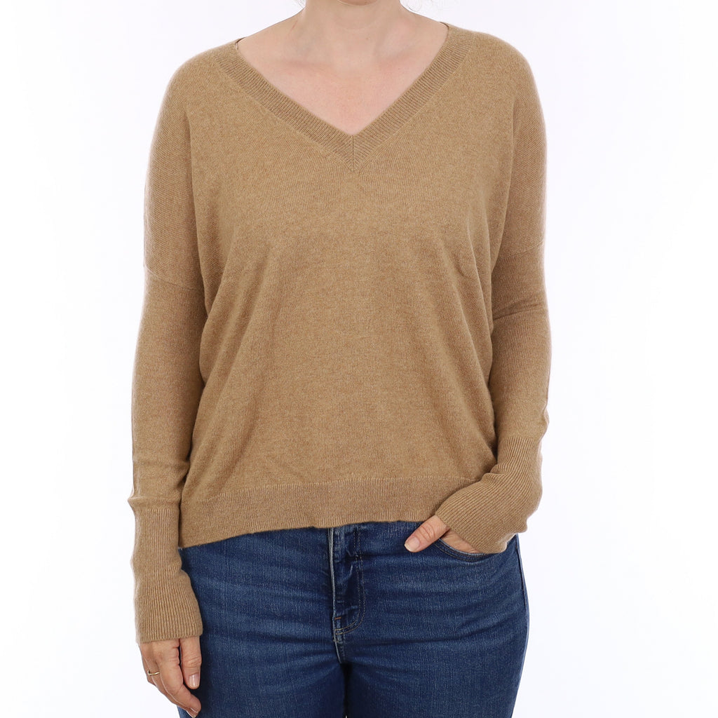 Caramel Brown Cashmere Boxy V Neck Jumper Small