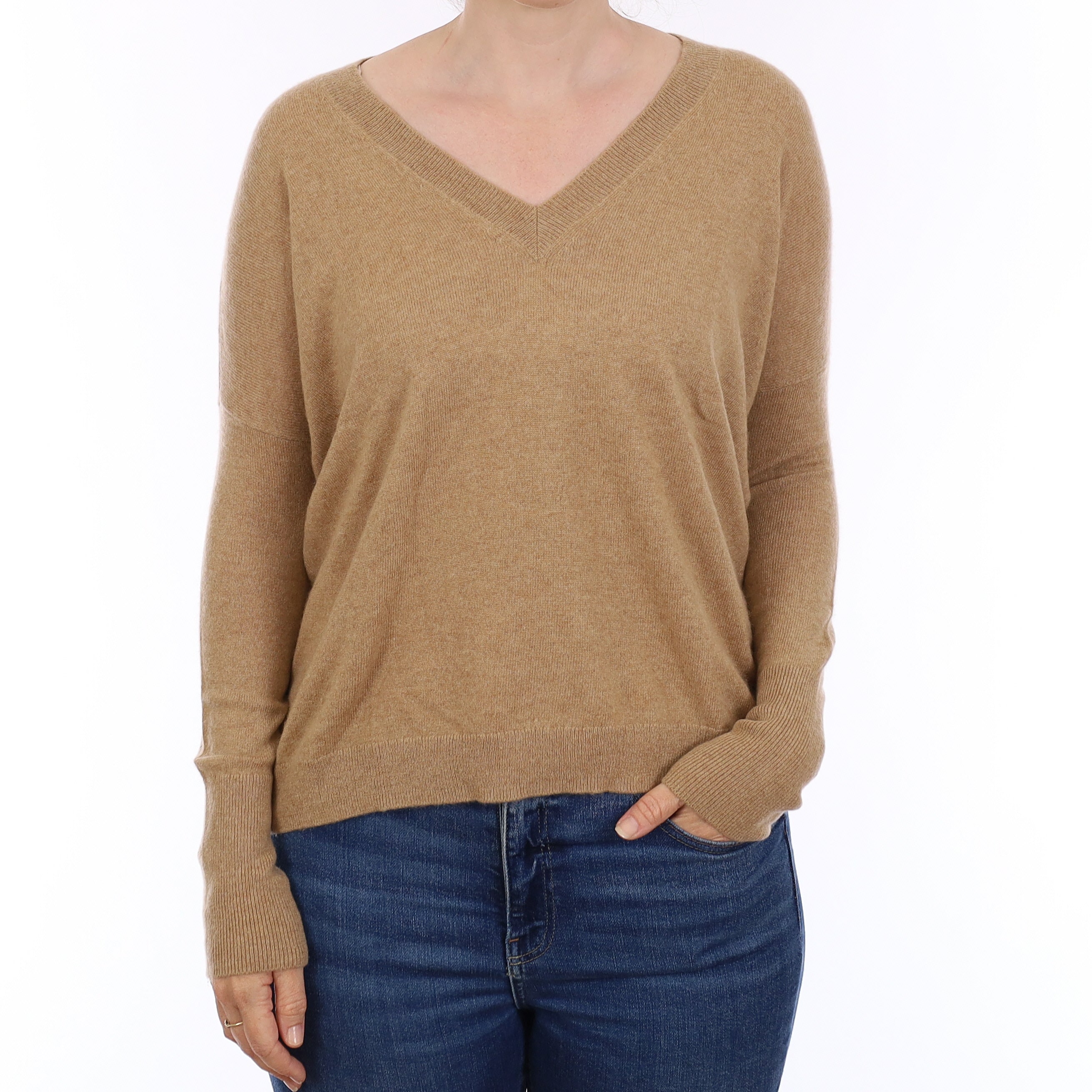 Caramel Brown Cashmere Boxy V Neck Jumper Small