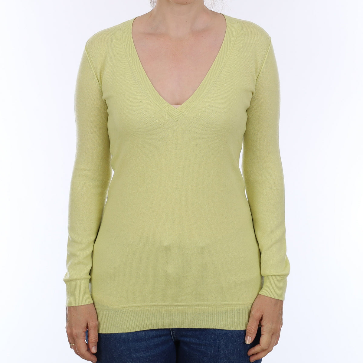 Chartreuse Yellow Cashmere Longline V Neck Jumper Small