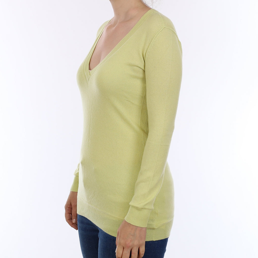 Chartreuse Yellow Cashmere Longline V Neck Jumper Small