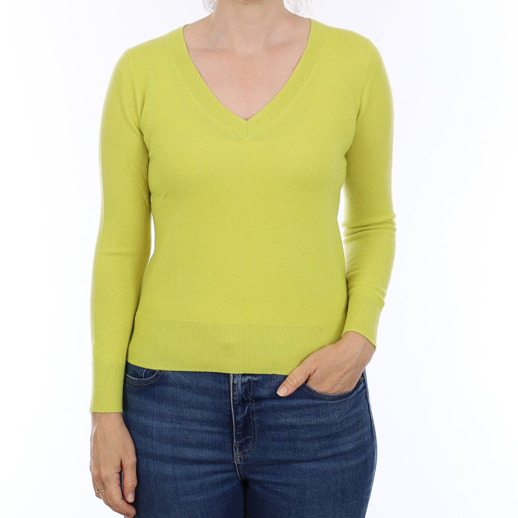 Lime Green Cashmere V Neck Jumper Small