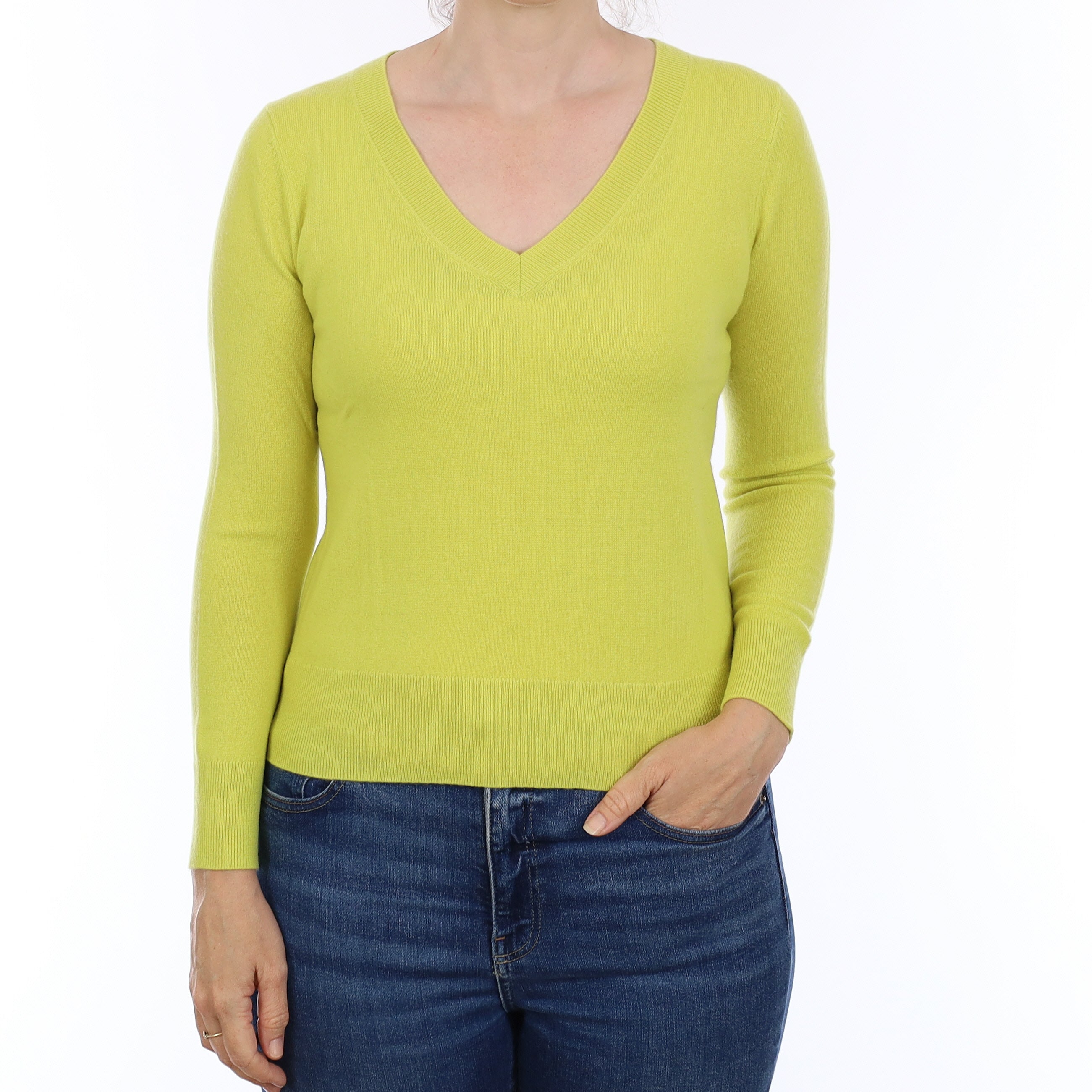 Lime Green Cashmere V Neck Jumper Small