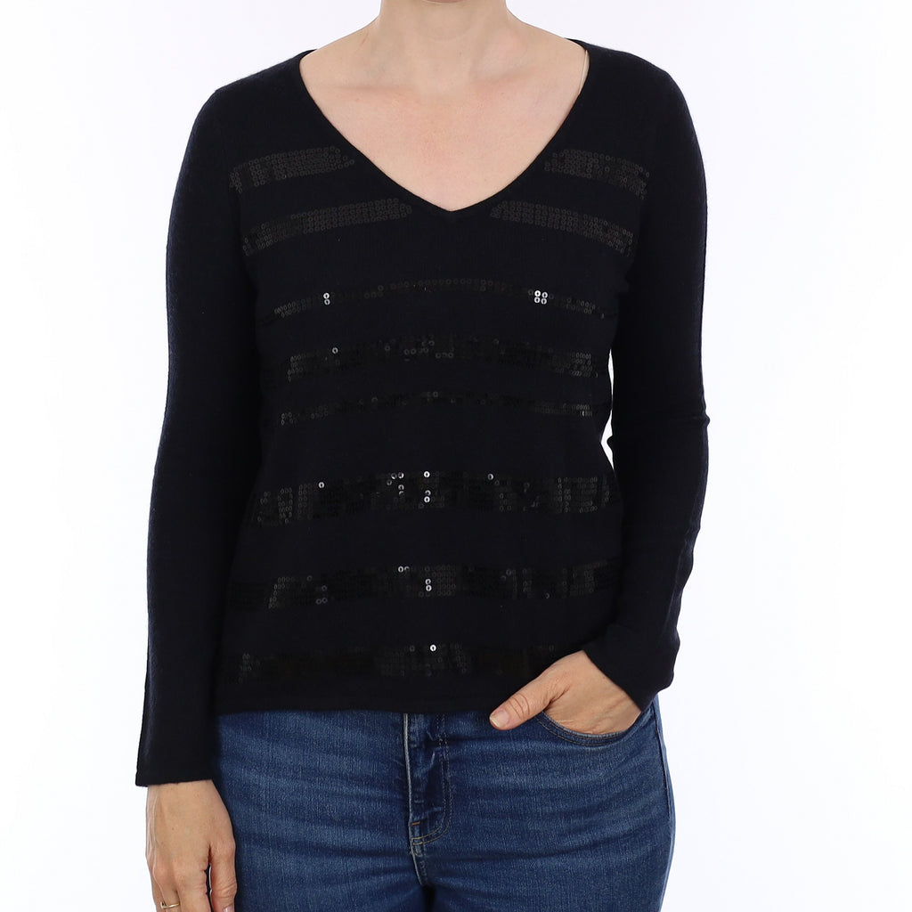 Black Embellished Cashmere V Neck Jumper Small