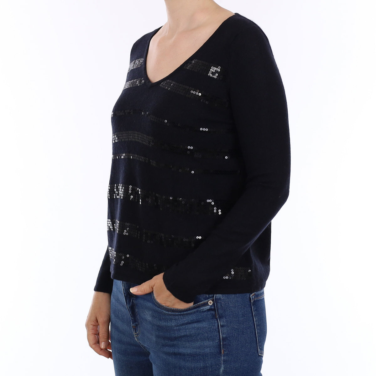 Black Embellished Cashmere V Neck Jumper Small