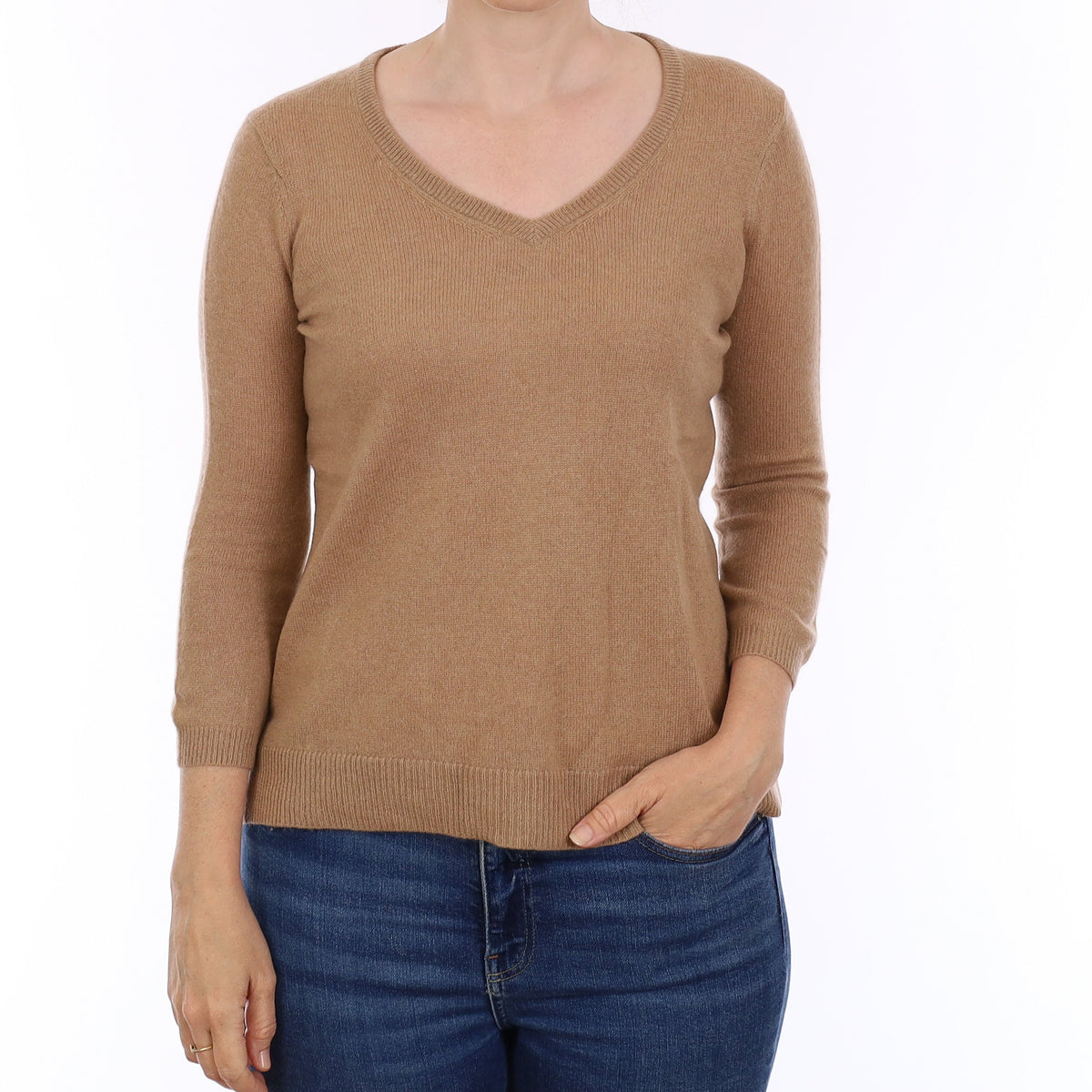 Butterscotch Brown Cashmere 3/4 Sleeve V Neck Jumper Small