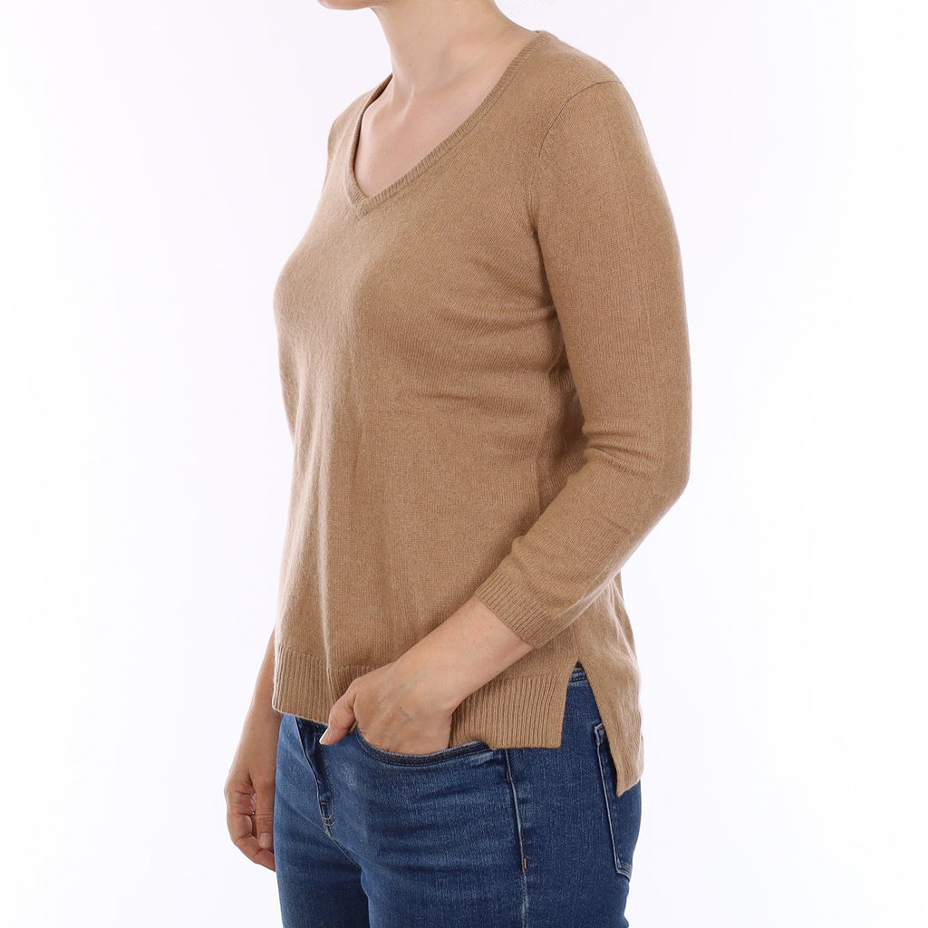 Butterscotch Brown Cashmere 3/4 Sleeve V Neck Jumper Small