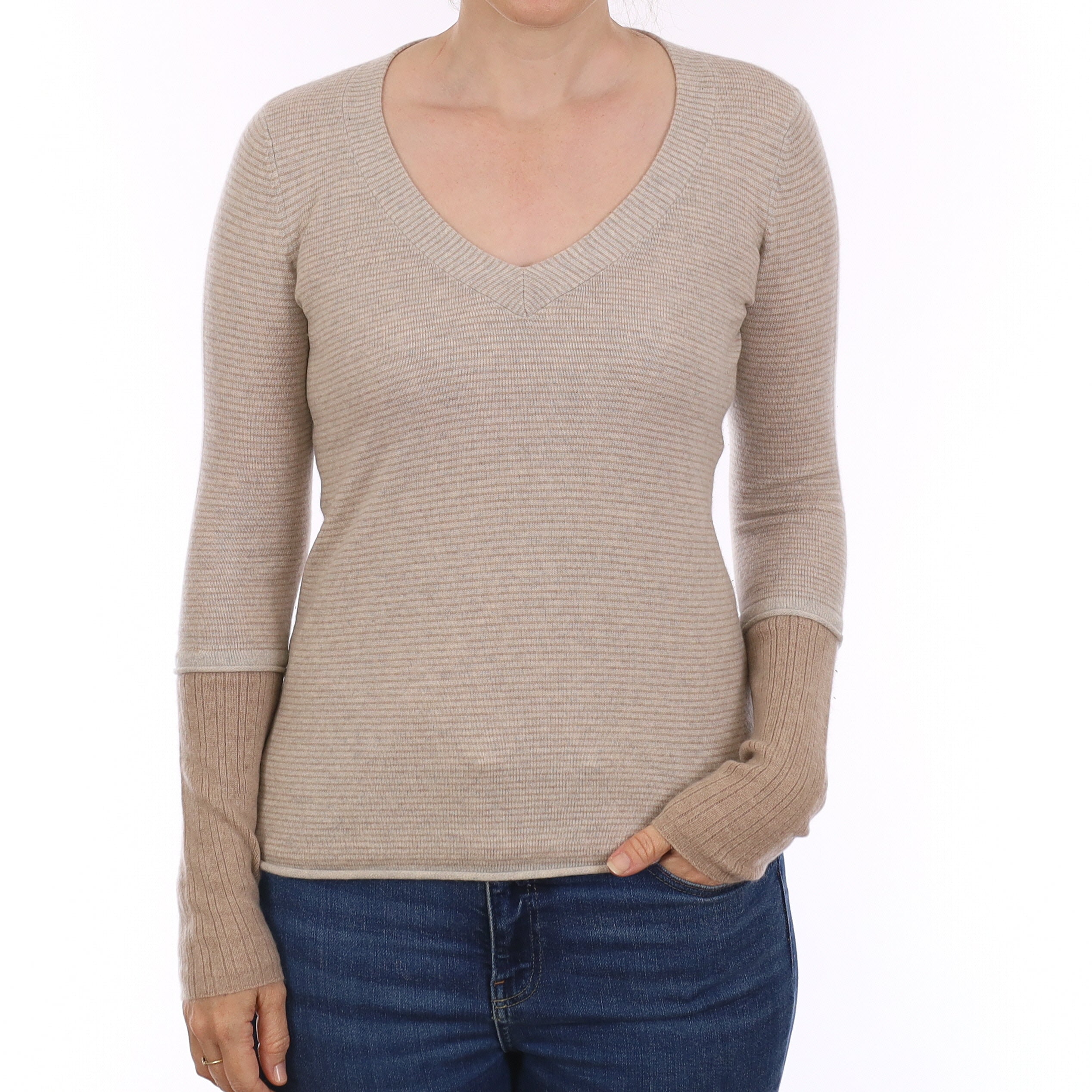Fawn Striped Cashmere Layered Effect V Neck Jumper Small