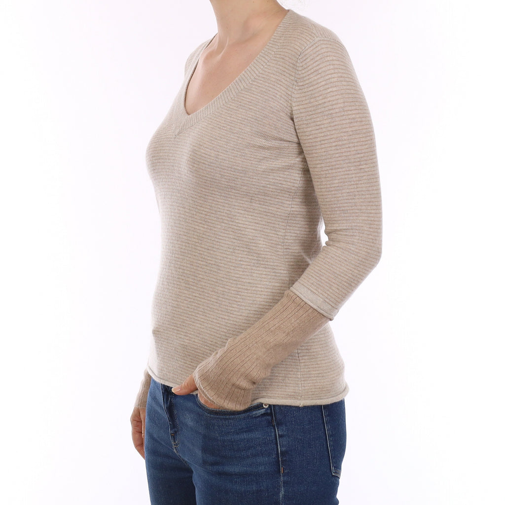 Fawn Striped Cashmere Layered Effect V Neck Jumper Small