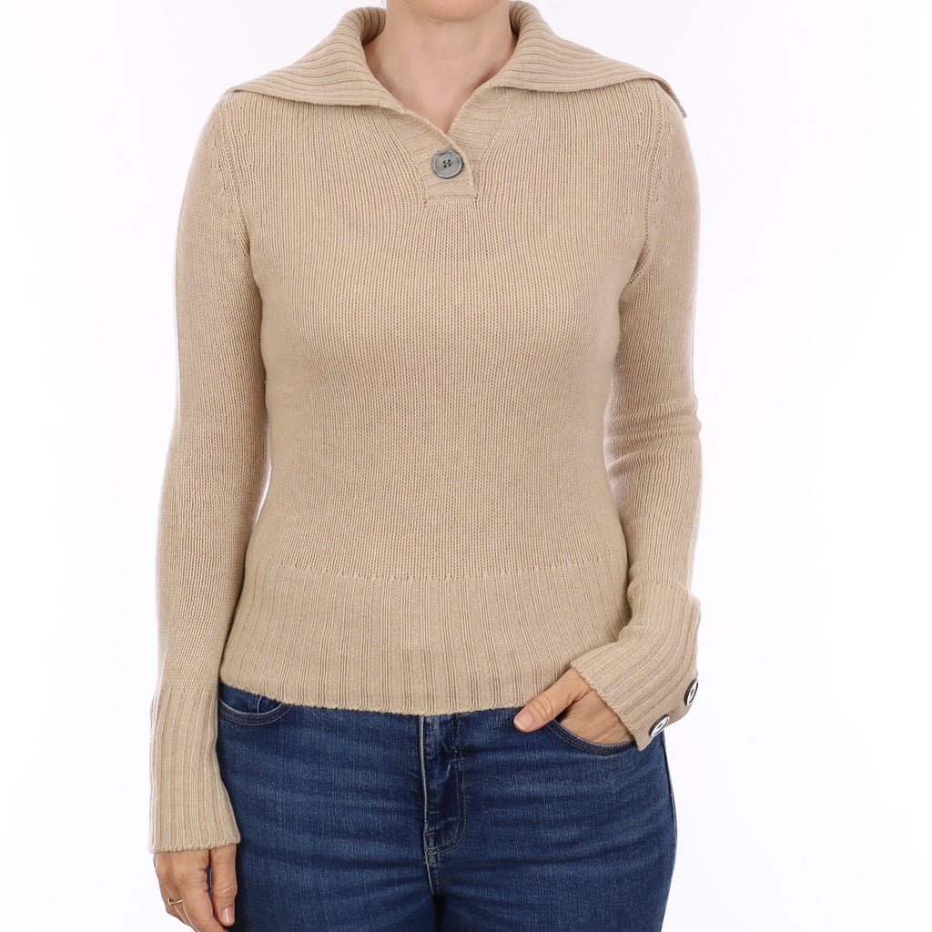 Sand Beige Chunky Knit Cashmere V Neck Jumper Small