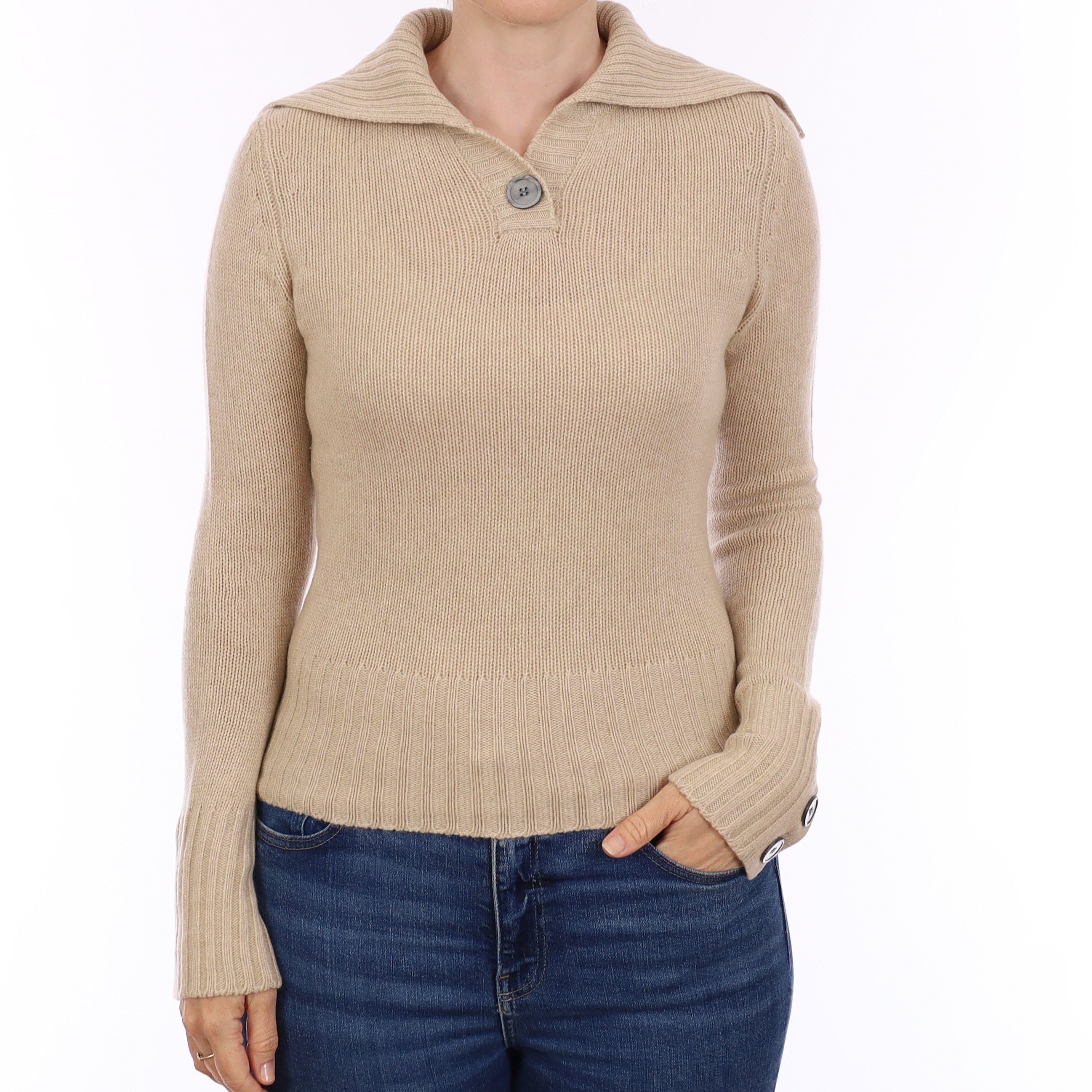 Sand Beige Chunky Knit Cashmere V Neck Jumper Small
