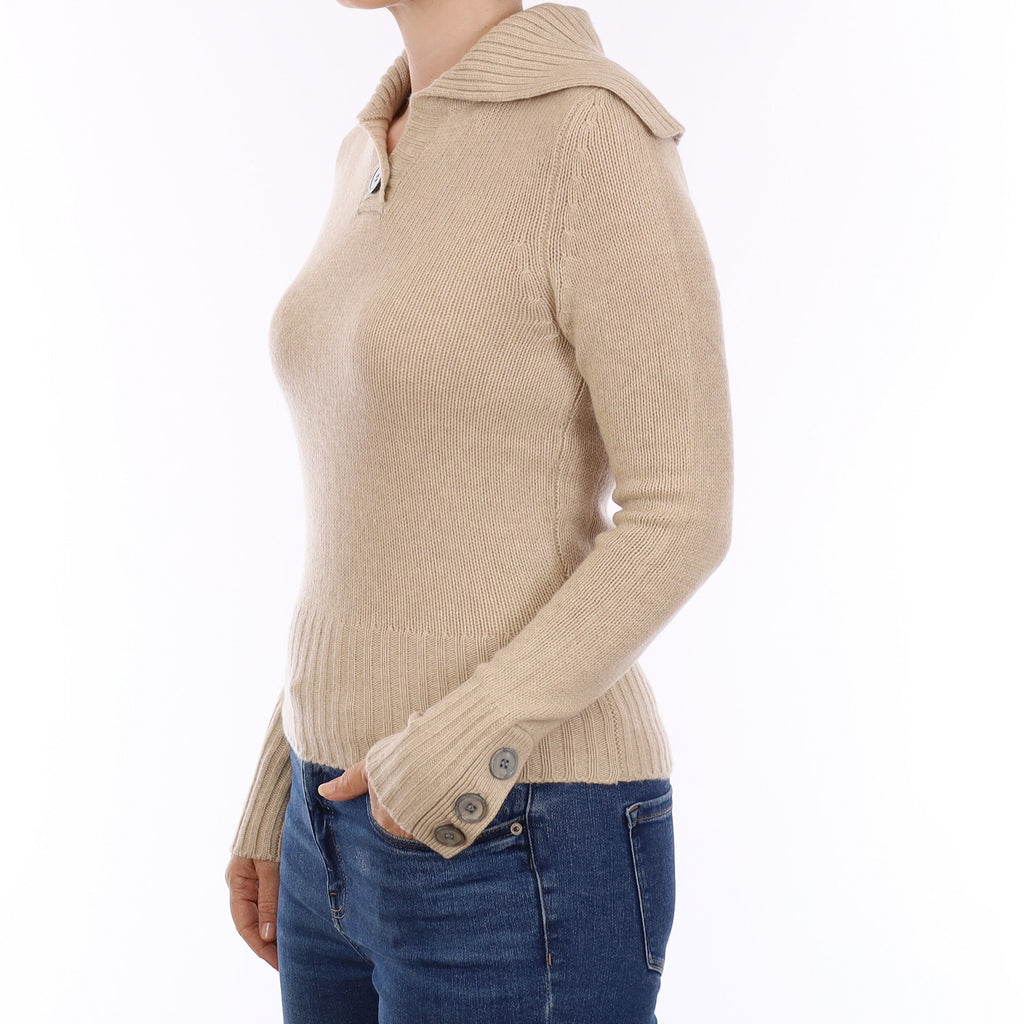 Sand Beige Chunky Knit Cashmere V Neck Jumper Small