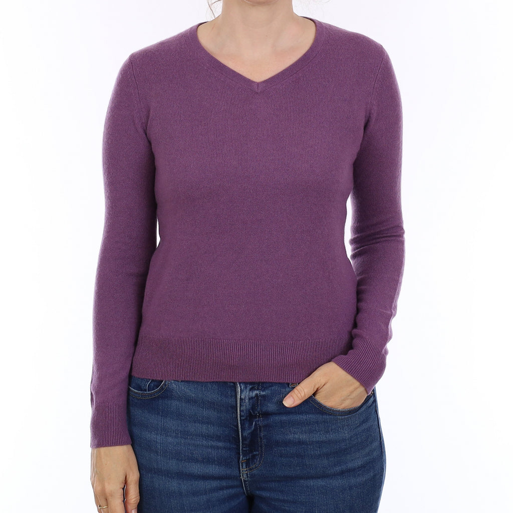 Plum Purple Cashmere V Neck Jumper Small