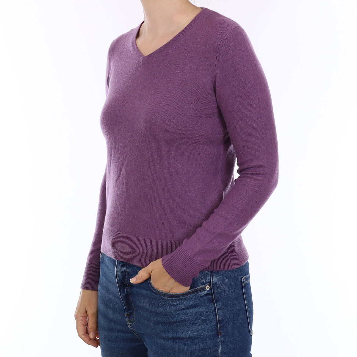 Plum Purple Cashmere V Neck Jumper Small