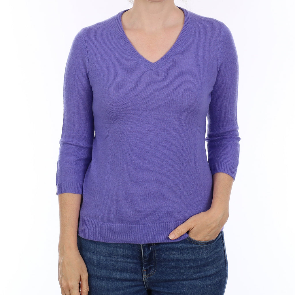 Bluebell Purple Cashmere 3/4 Sleeve V Neck Jumper Small