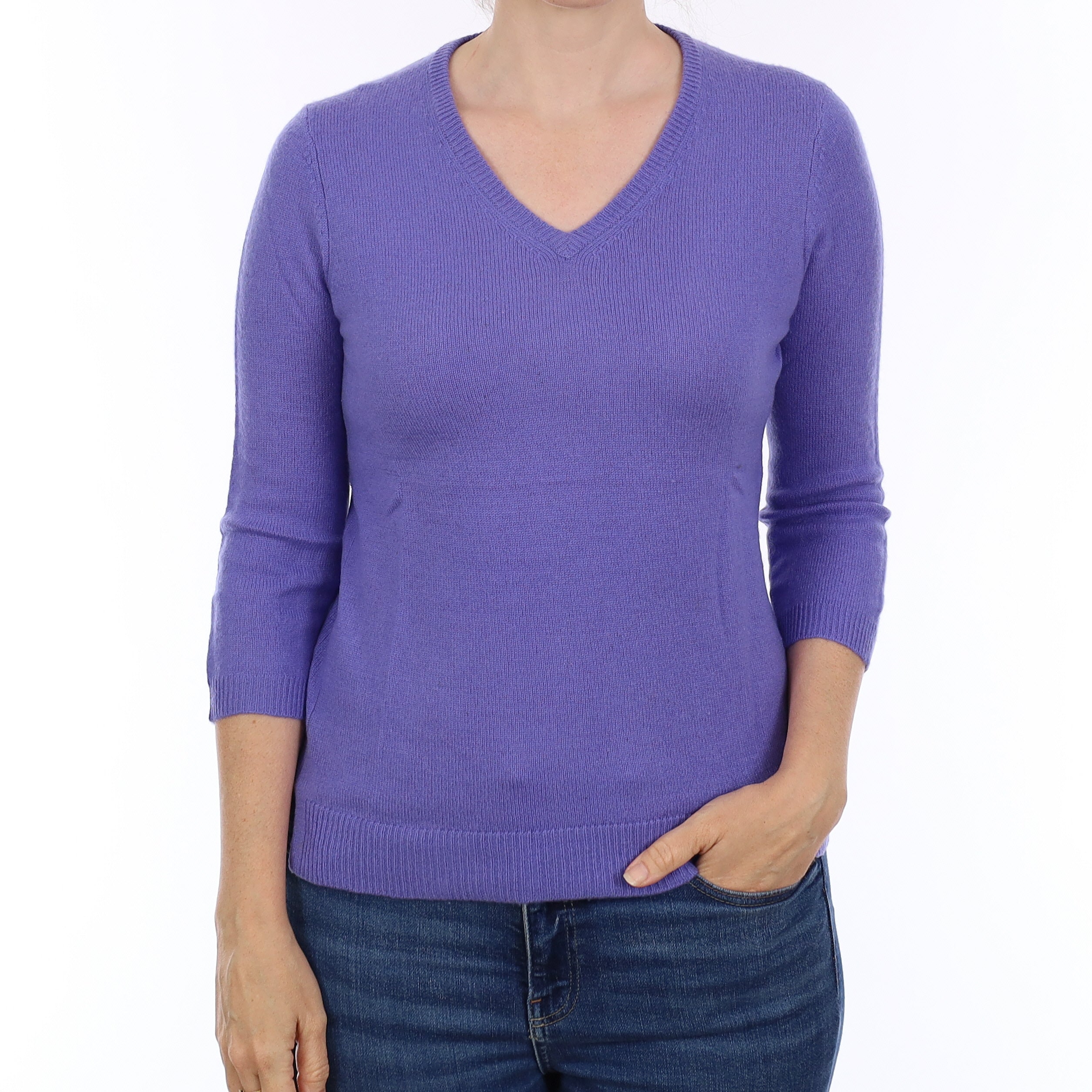 Bluebell Purple Cashmere 3/4 Sleeve V Neck Jumper Small