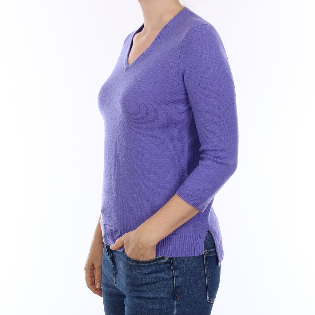 Bluebell Purple Cashmere 3/4 Sleeve V Neck Jumper Small