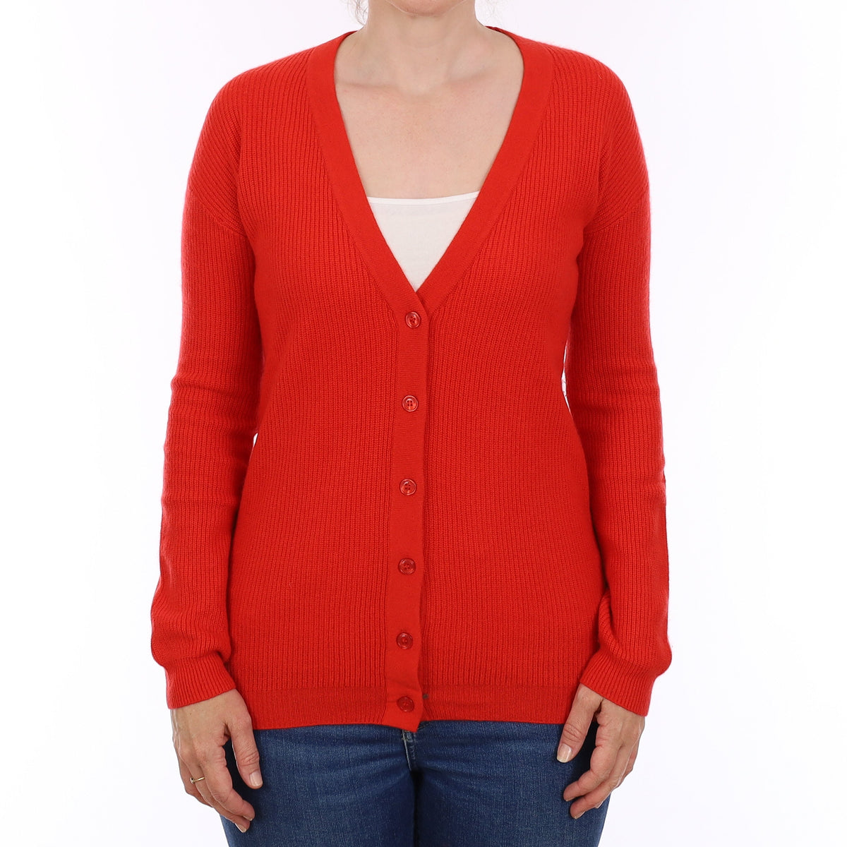 Flame Orange Rib Cashmere V Neck Cardigan Small