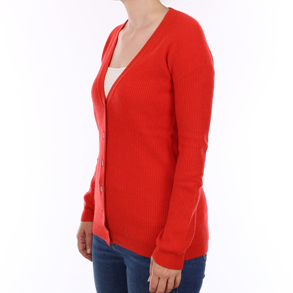 Flame Orange Rib Cashmere V Neck Cardigan Small