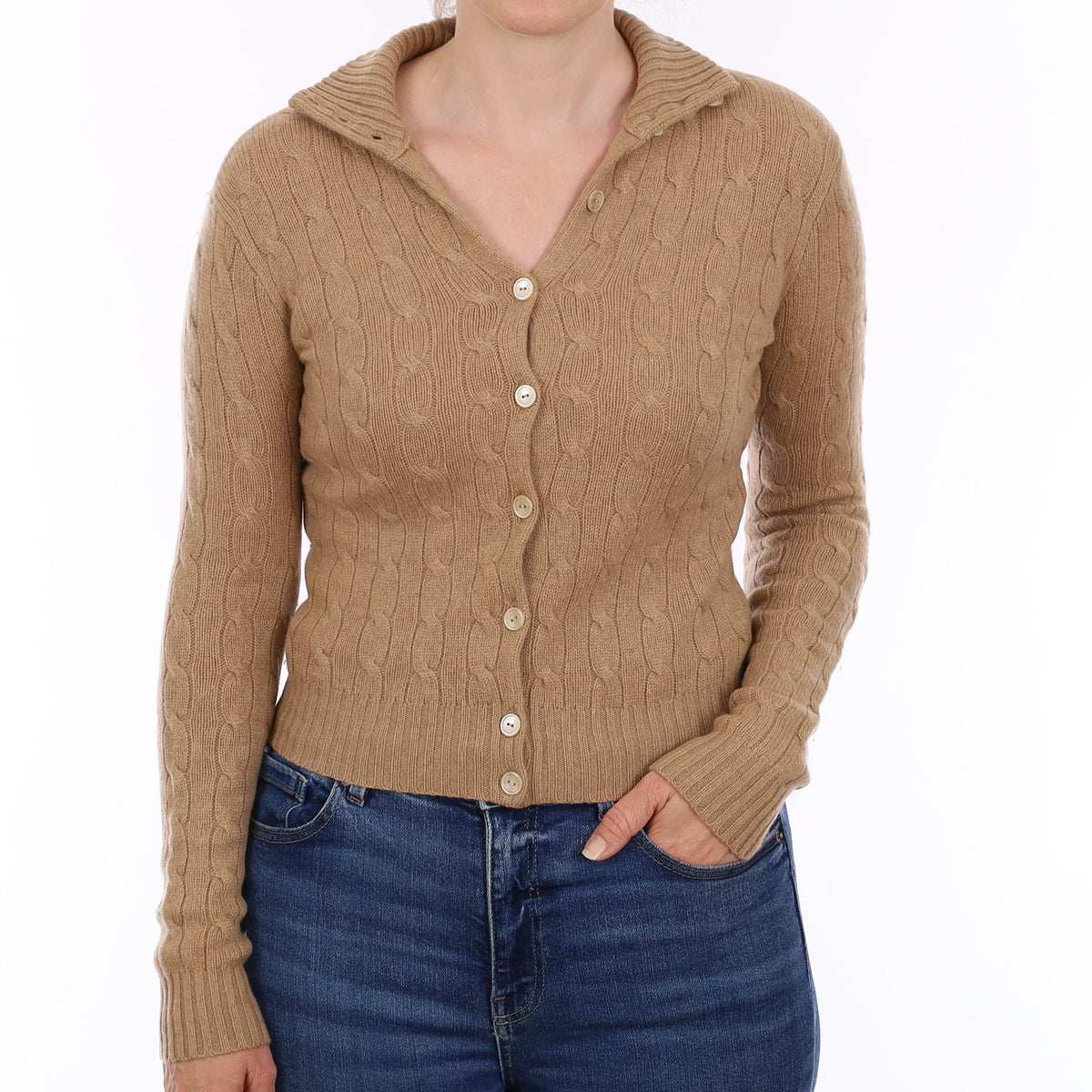 Ralph Lauren Camel Chunky Cable Cashmere Turtleneck Cardigan Small