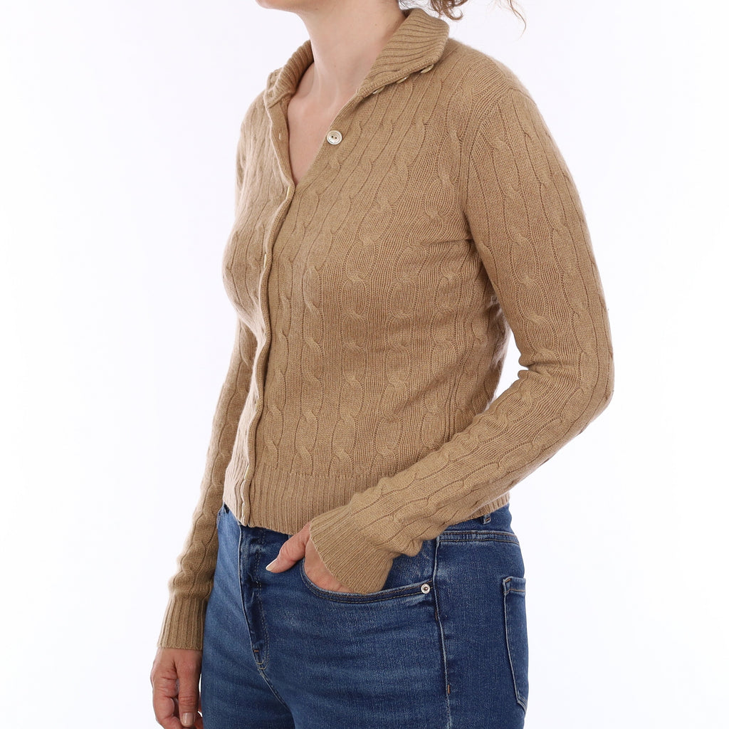Ralph Lauren Camel Chunky Cable Cashmere Turtleneck Cardigan Small