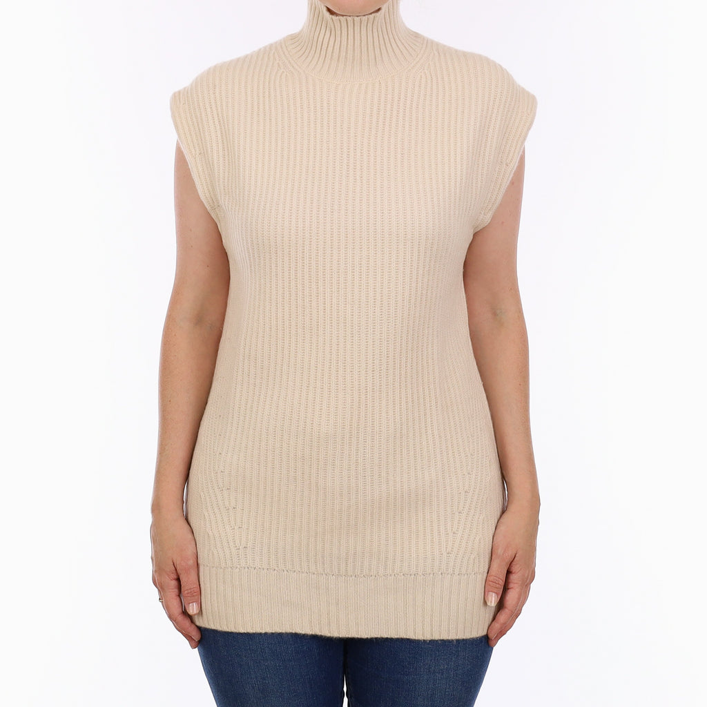 Ivory Chunky Rib Cashmere Sleeveless Turtleneck Tunic Jumper Small