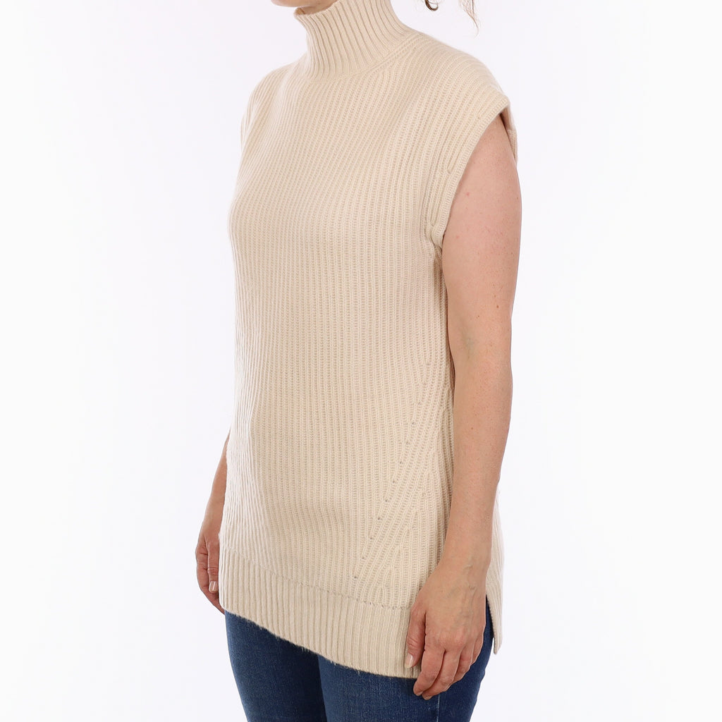 Ivory Chunky Rib Cashmere Sleeveless Turtleneck Tunic Jumper Small